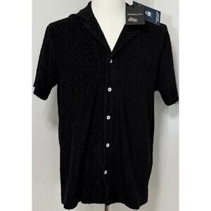 NEW Kenneth Cole Men's Terry Button Up Short Sleeve Shirt Black Resort Beach M